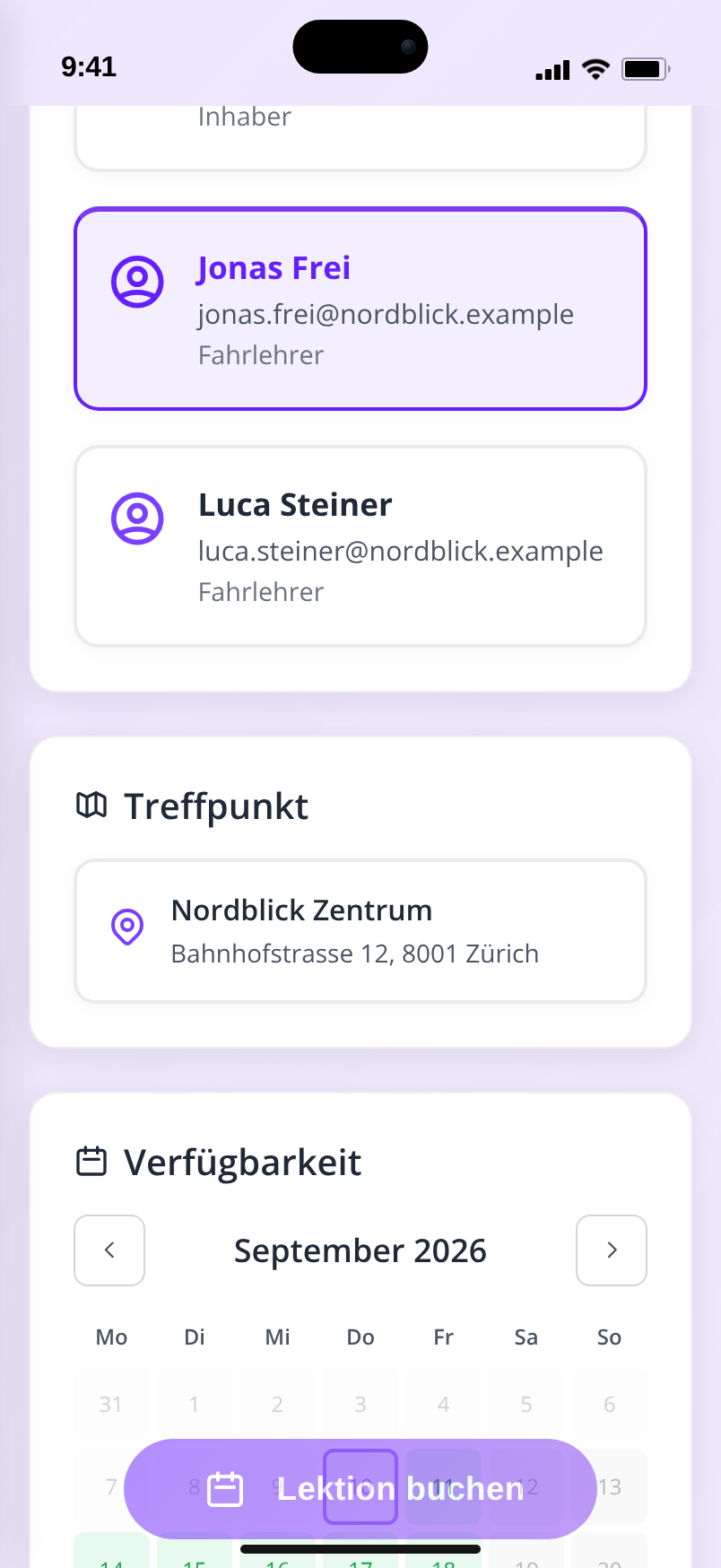 Schüler-Plattform und Buchungsansicht in Outdrive