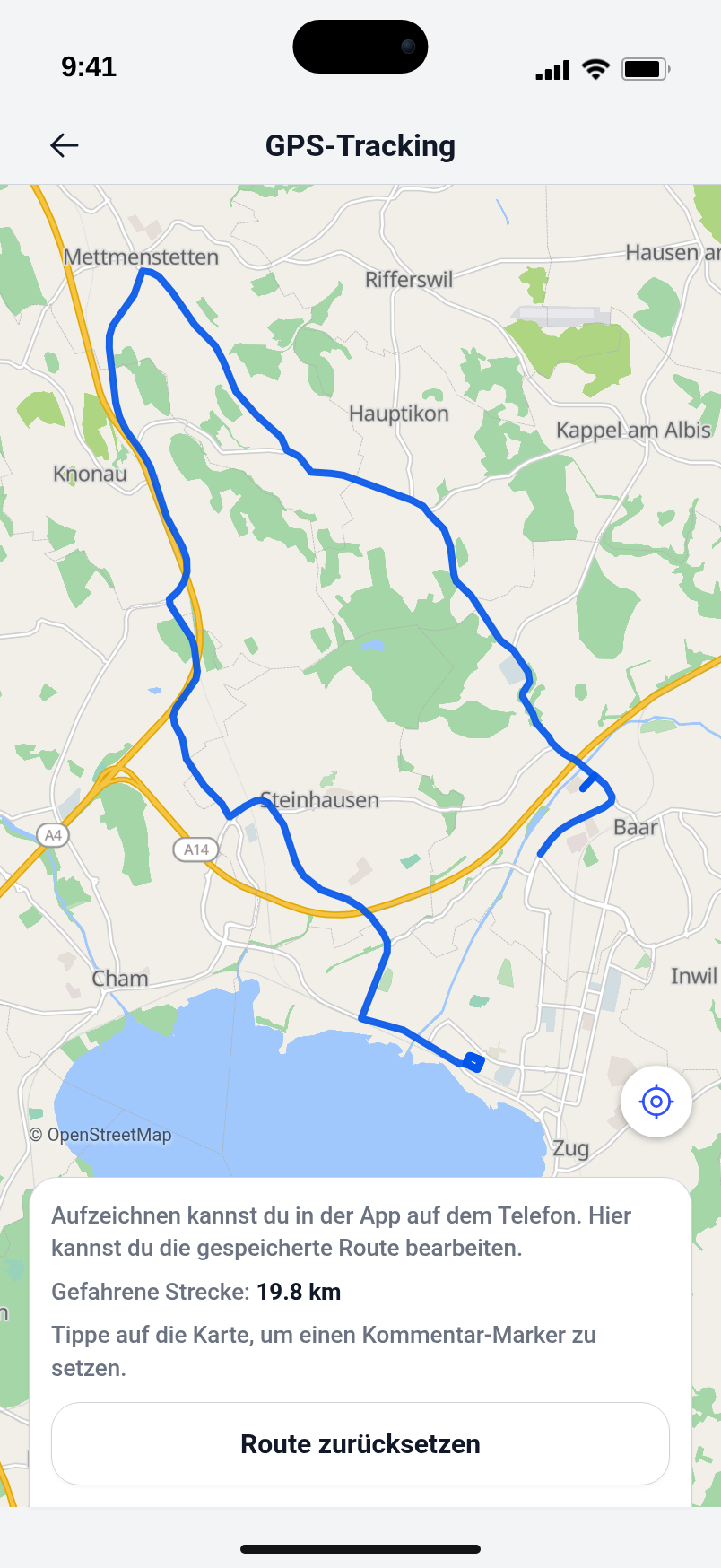 Ausbildungskarte und GPS-Route einer Fahrstunde in Outdrive